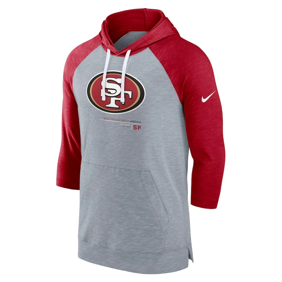 Men's Nike Heather Gray/Heather Scarlet San Francisco 49ers Raglan 3/4-Sleeve Pullover Hoodie - Image 2