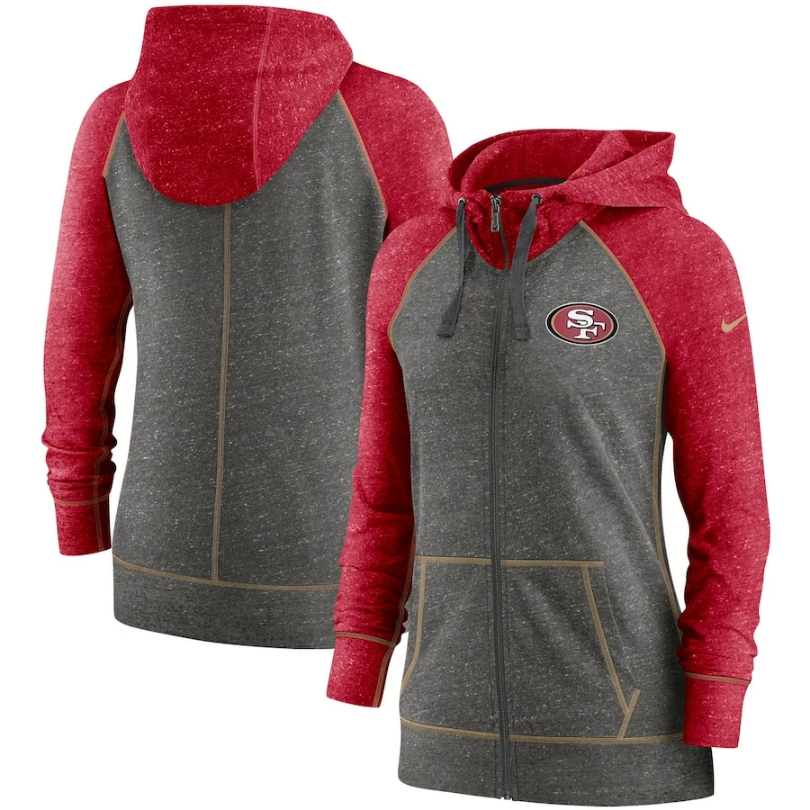 Women's Nike Heathered Charcoal/Scarlet San Francisco 49ers Gym Vintage Raglan Full-Zip Hoodie